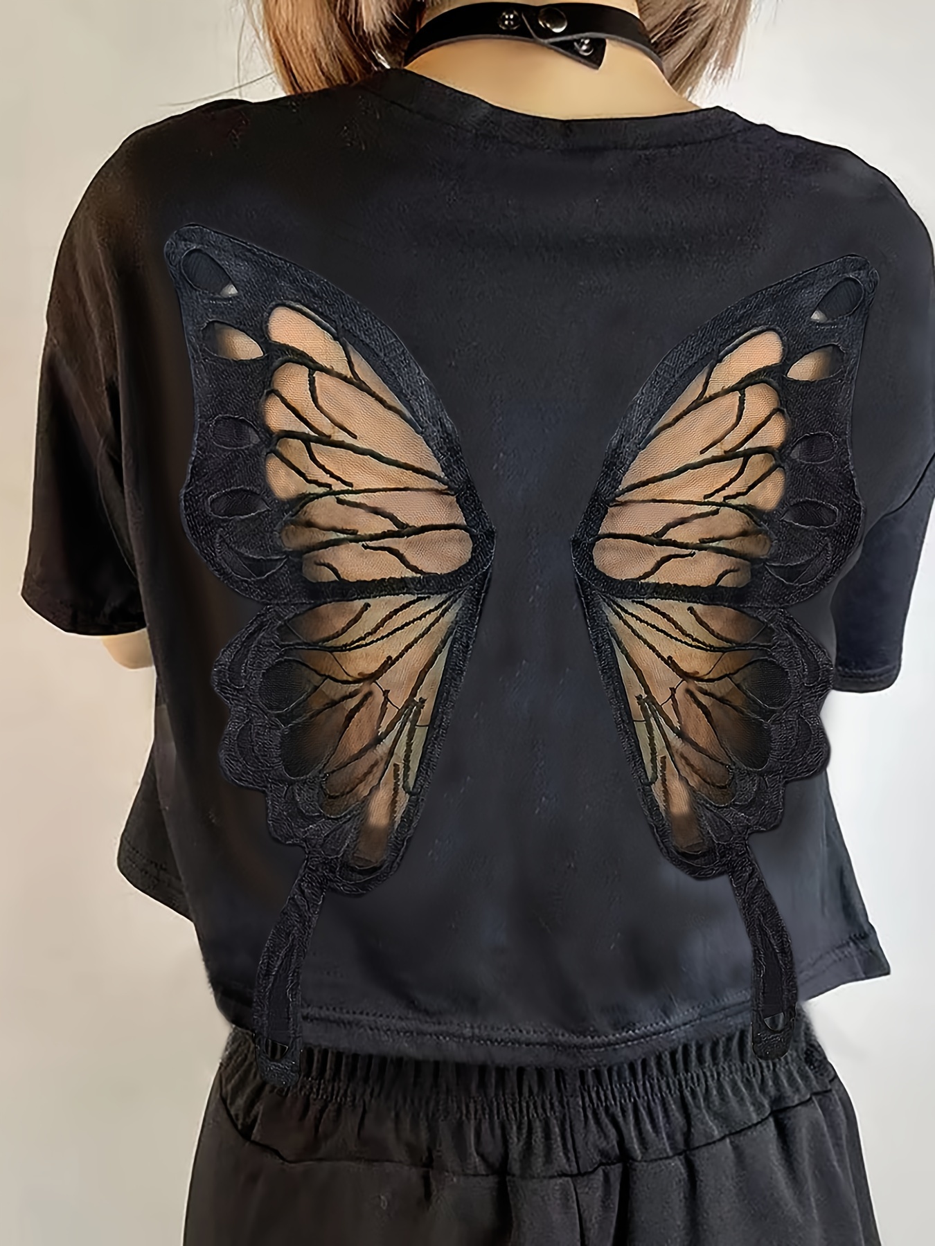 Butterfly Mesh Insert Crop T-shirt, Short Sleeve Crew Neck T-shirt For Spring & Sumemr, Women's Clothing