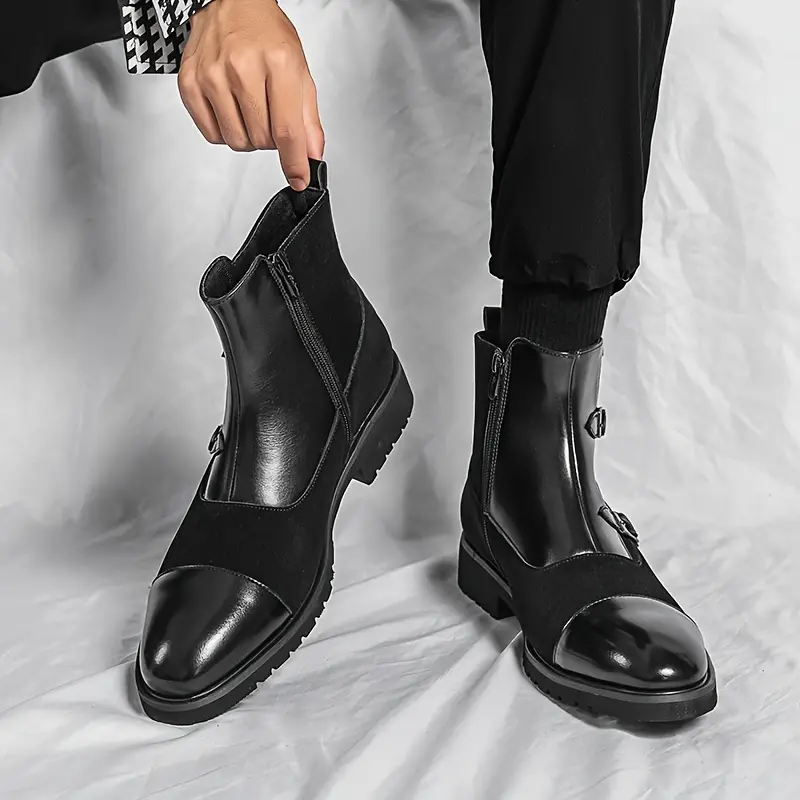 mens stylish cap toe high top boots windproof anti skid side zippered boots with buckles decor for business office fall and winter men s shoes temu details 3