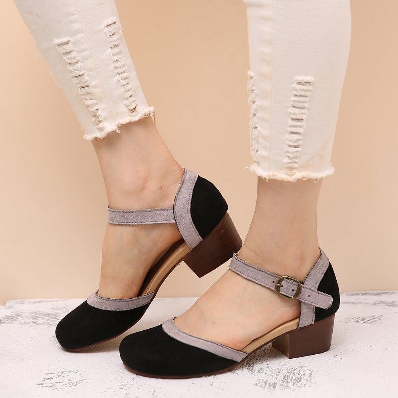 2025 Summer Women Round Toe Retro Women Fashion Single Shoes Buckle Mary Zhen Shoes Mid High Heels Women'S Shoes