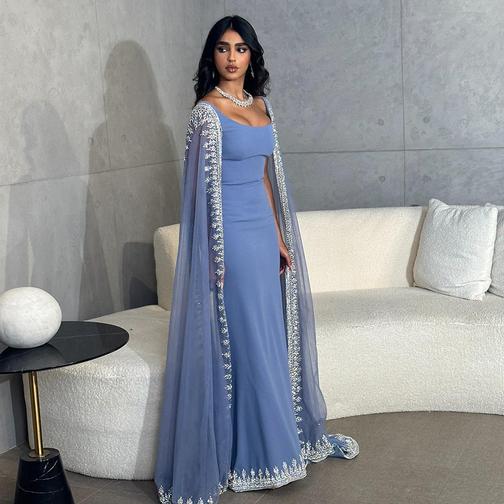 Luxury Crystal Blue Mermaid Evening Dresses with Cape Sleeves