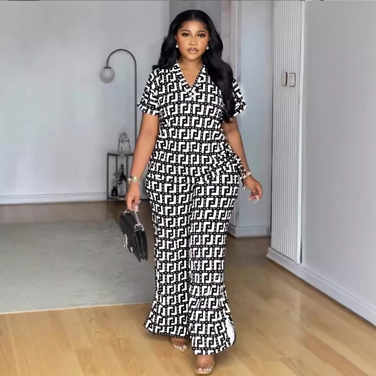 European and American printed V-neck pleated wide-leg trousers two-piece suit