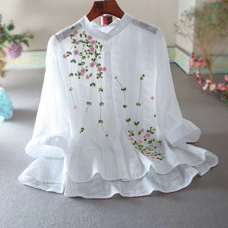 Eyelet Floral Blouse, Elegant Button Front Blouse For Spring & Summer, Women's Clothing