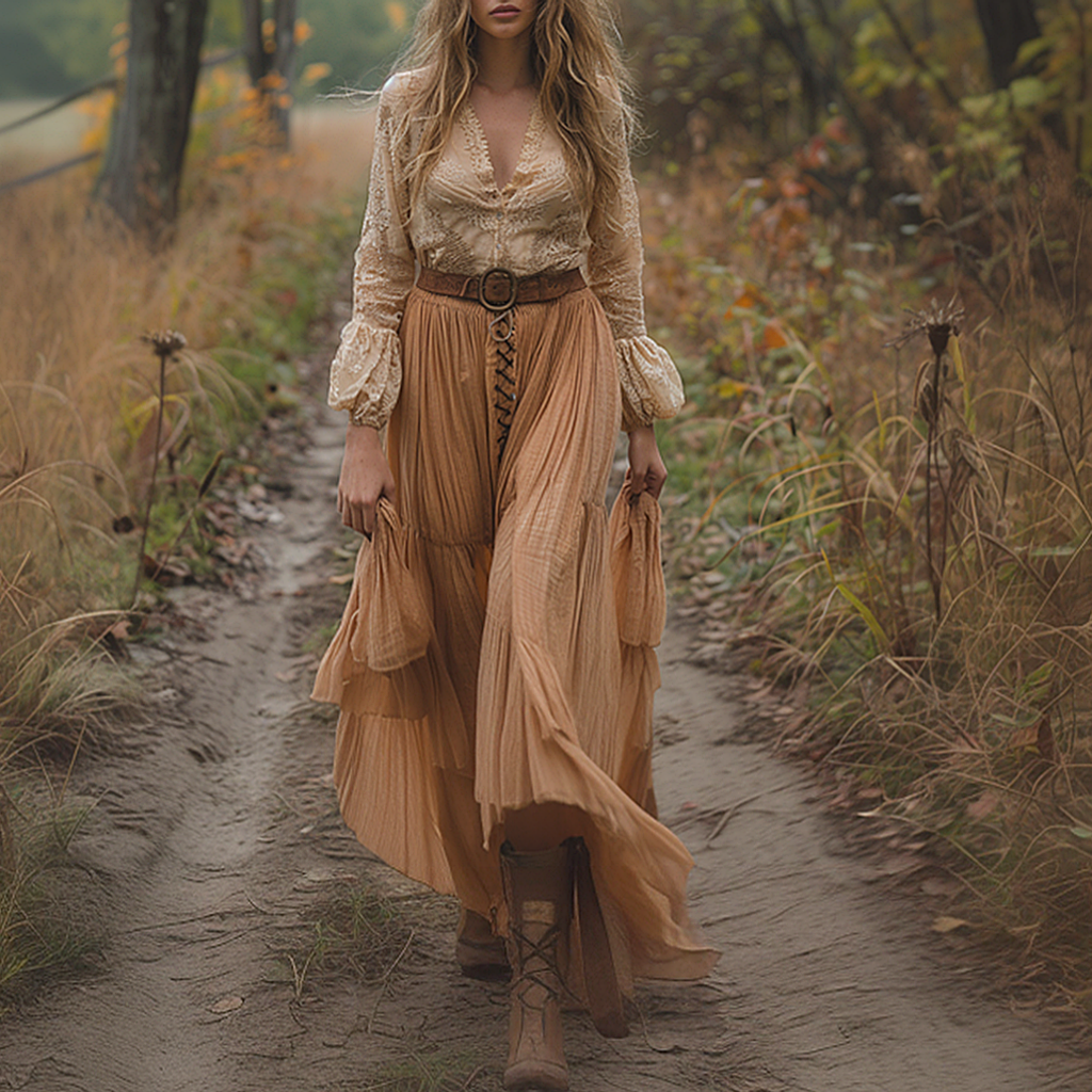 Women's Retro Country Pastoral Linen Style Long-sleeve Casual Maxi Long Dress
