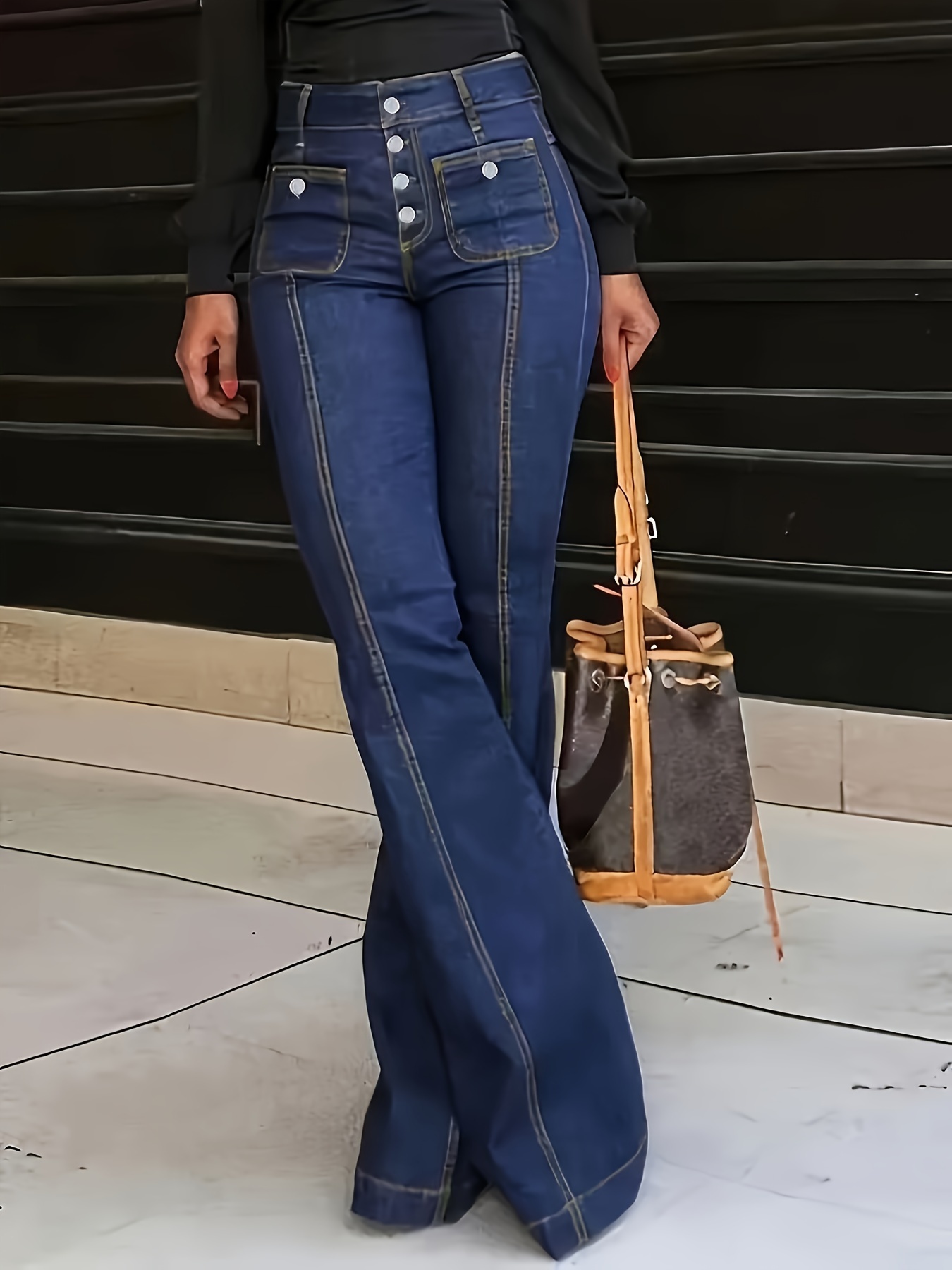 Womens Chic High Waist Stretch Denim Flare Jeans - Retro Slim Fit Bell Bottoms with Ultra-Comfort