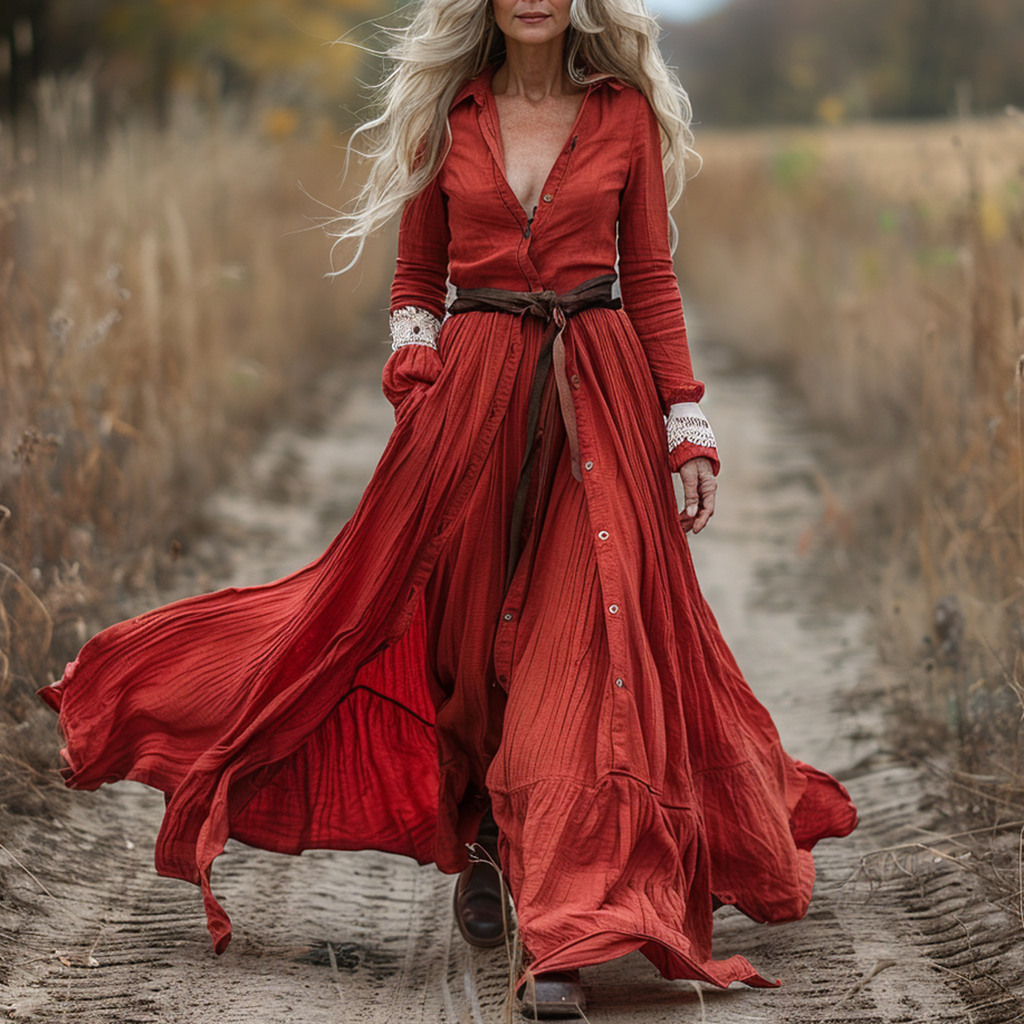 Women's Vintage Pastoral Style V-neck Linen Long-sleeve Maxi Long Dress
