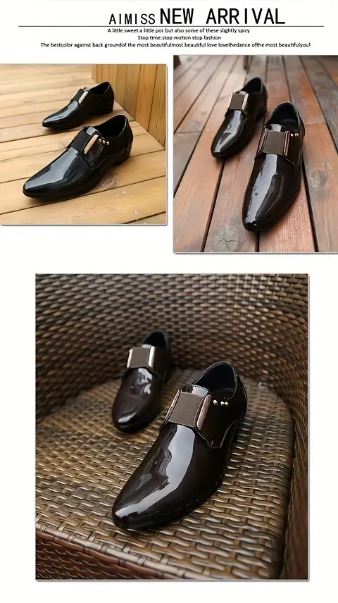 Mens Solid Colour Trendy Faux Patent Leather Upper Slip On Dress Shoes Elegant Comfy Non Slip Rubber Sole Low Heel Dance Shoes Mens Footwear Men s Shoes Temu details 0