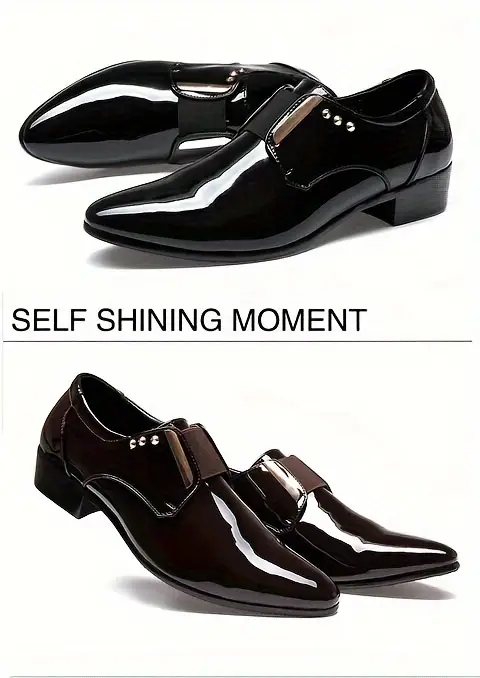 Mens Solid Colour Trendy Faux Patent Leather Upper Slip On Dress Shoes Elegant Comfy Non Slip Rubber Sole Low Heel Dance Shoes Mens Footwear Men s Shoes Temu details 5