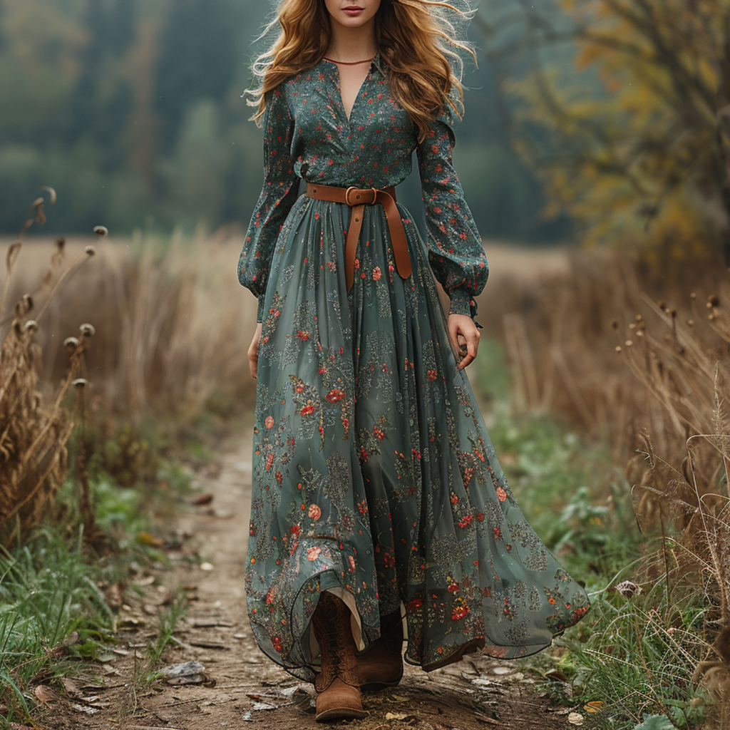 Women's Vintage Country Pastoral Linen Style Long-sleeve Maxi Long Dress