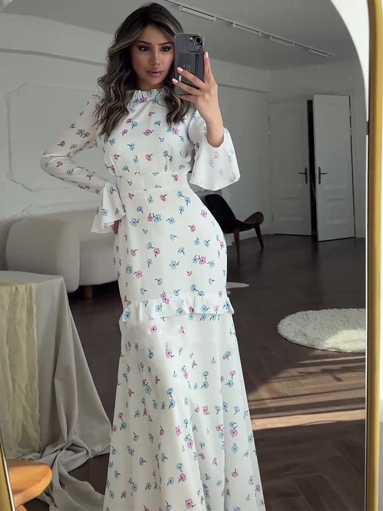Molly Ruffle Printed Long Sleeve Long Dress