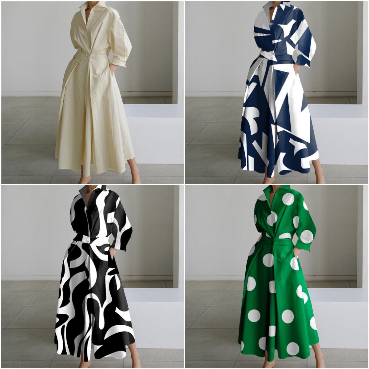 💕What should I wear tomorrow?💕Fashionable POLO collar lining nine-point sleeve loose swing dress