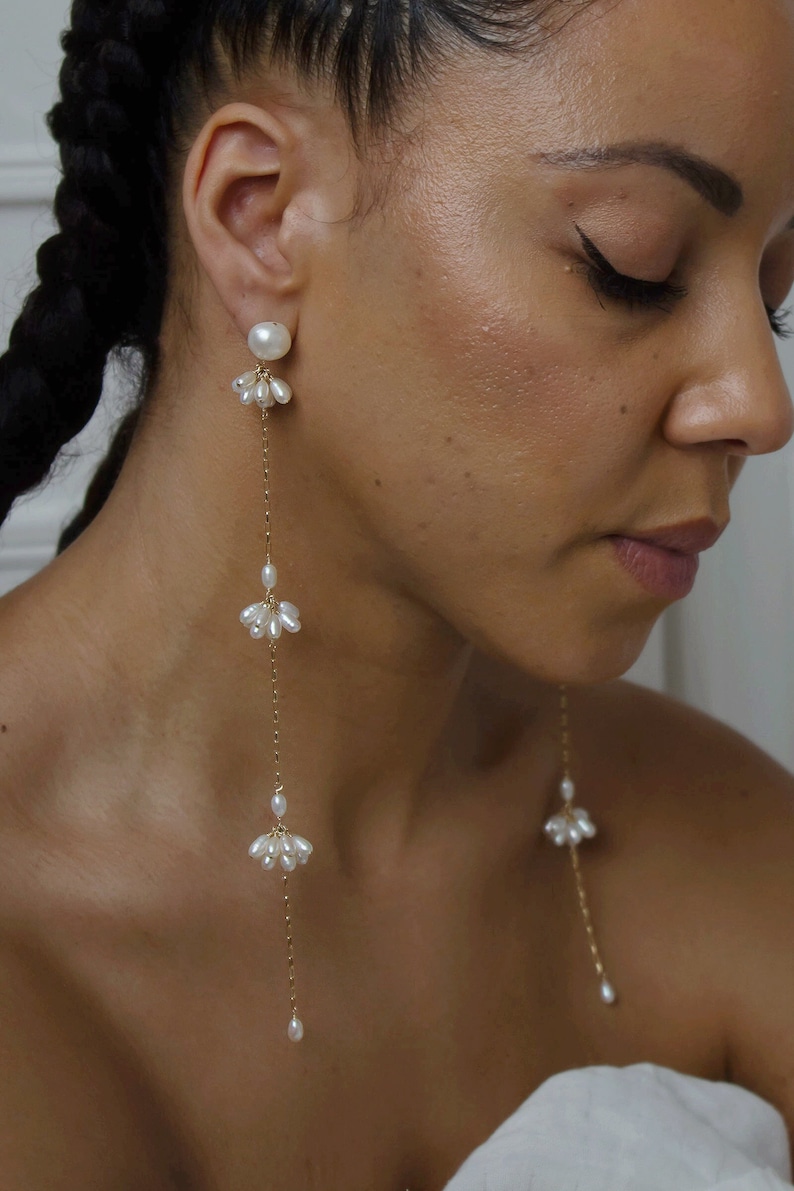 Bridal Jewelry - Long and Dainty Pearl Statement Earrings - Shoulder Duster Earrings - Fashion Trends - Minimalist Bride - Stud with Drop