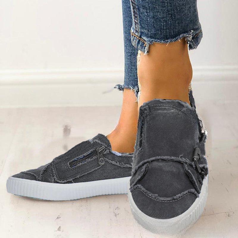 Cross-Border Metal Buckle Zipper Flat Sole Canvas Shoes