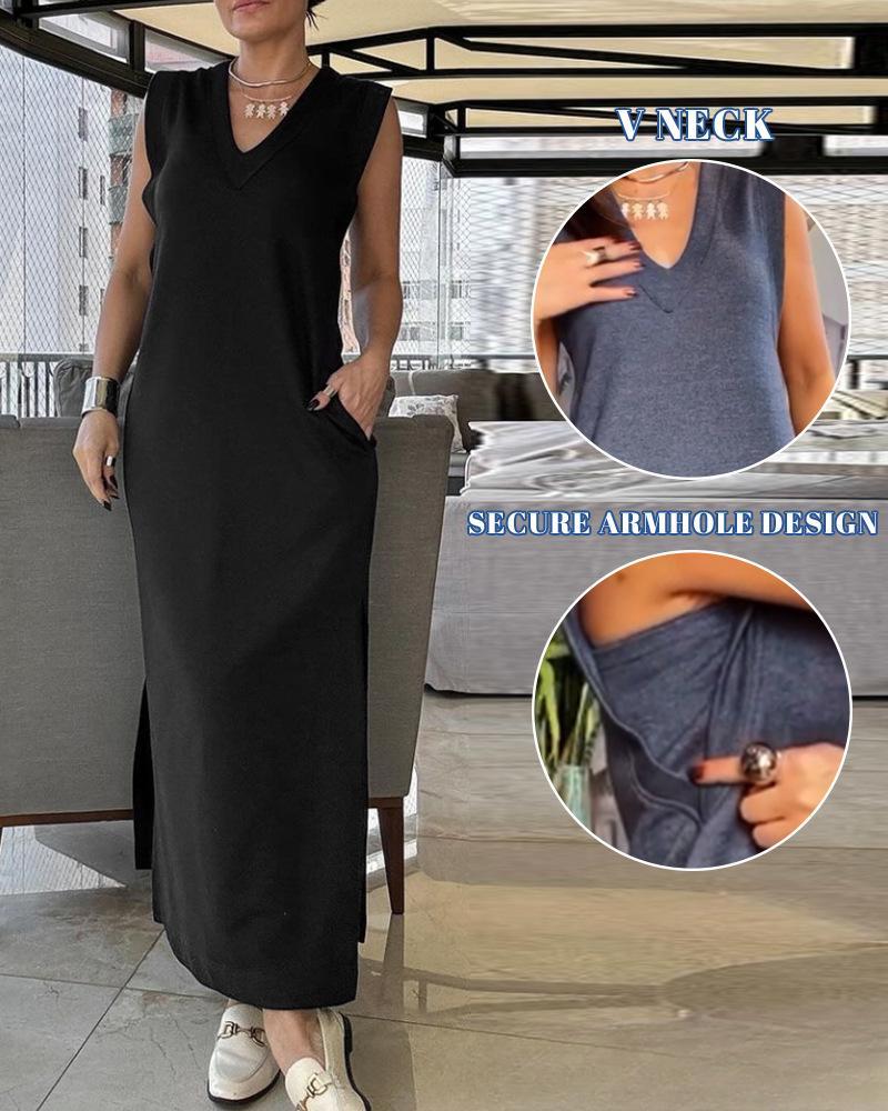 V-neck slit long casual skirt
