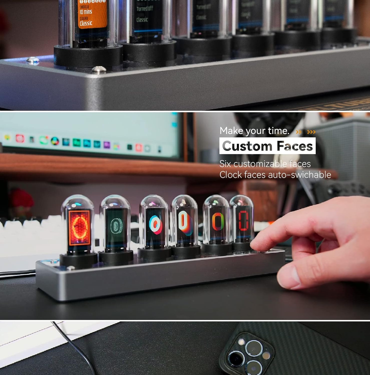 Imitation IPS Nixie Tube Clock,DIY Nixie Clock,Digital Clock Alarm Clock, RGB Creative Clock,LCD Screen,E-Sports Desktop,Reteo Modern Desktop Clock,with Beautiful Gift Box Packaging
