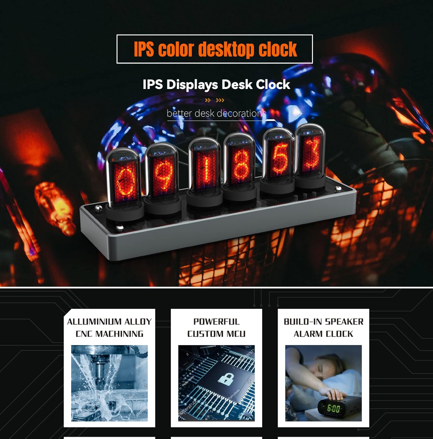 Imitation IPS Nixie Tube Clock,DIY Nixie Clock,Digital Clock Alarm Clock, RGB Creative Clock,LCD Screen,E-Sports Desktop,Reteo Modern Desktop Clock,with Beautiful Gift Box Packaging