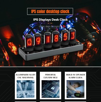 Imitation IPS Nixie Tube Clock,DIY Nixie Clock,Digital Clock Alarm Clock, RGB Creative Clock,LCD Screen,E-Sports Desktop,Reteo Modern Desktop Clock,with Beautiful Gift Box Packaging