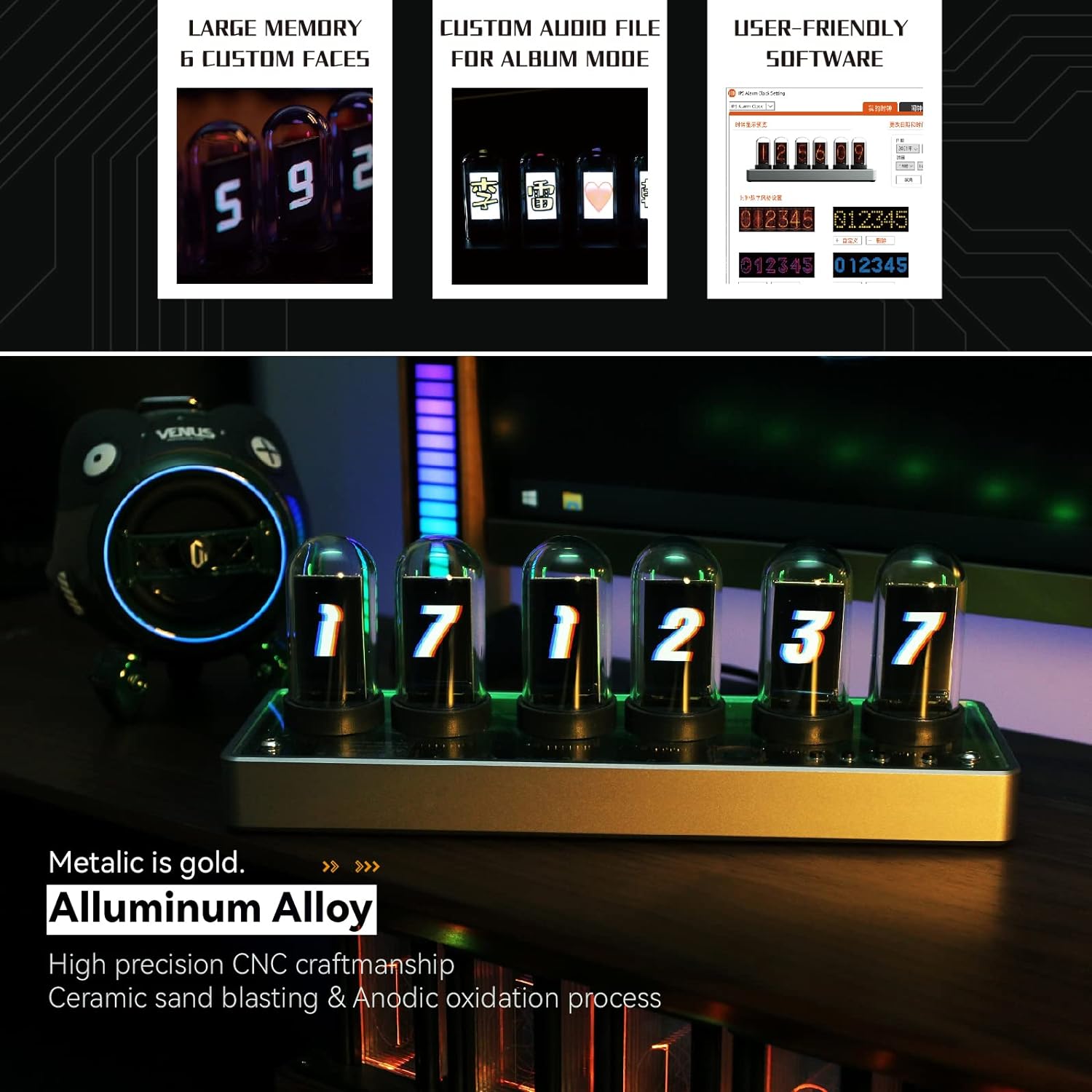 Imitation IPS Nixie Tube Clock,DIY Nixie Clock,Digital Clock Alarm Clock, RGB Creative Clock,LCD Screen,E-Sports Desktop,Reteo Modern Desktop Clock,with Beautiful Gift Box Packaging
