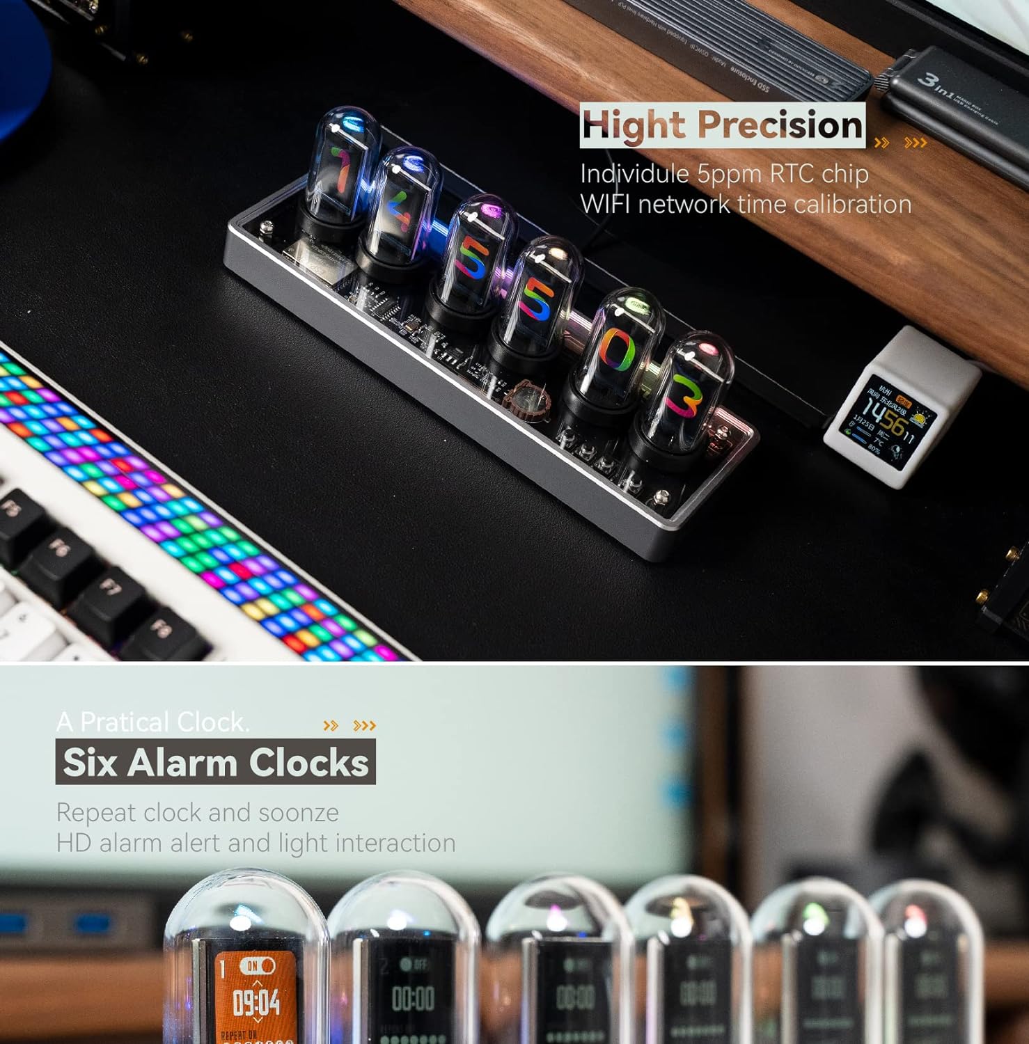 Imitation IPS Nixie Tube Clock,DIY Nixie Clock,Digital Clock Alarm Clock, RGB Creative Clock,LCD Screen,E-Sports Desktop,Reteo Modern Desktop Clock,with Beautiful Gift Box Packaging