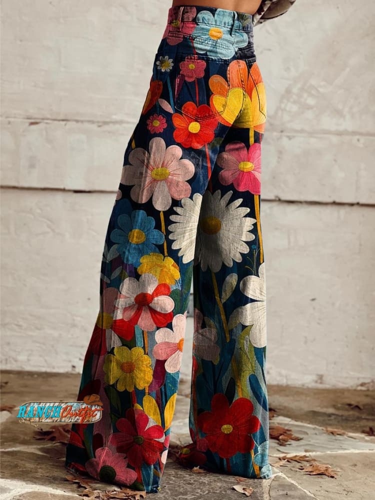 Women's Colorful Flower Geometric Pattern Print Casual Wide Leg Pants