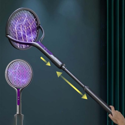 Rotating Head Electric Fly Swatter Racket Rechargeable Bug Zapper Racket Bug Zapper Indoor Fly Zapper Mosquito Zapper Flies Killer for Indoors, with a Telescopic Extension