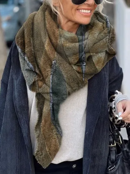 Women's Vintage Paisley Floral Print Casual Knitted Blanket Poncho Hood Cape