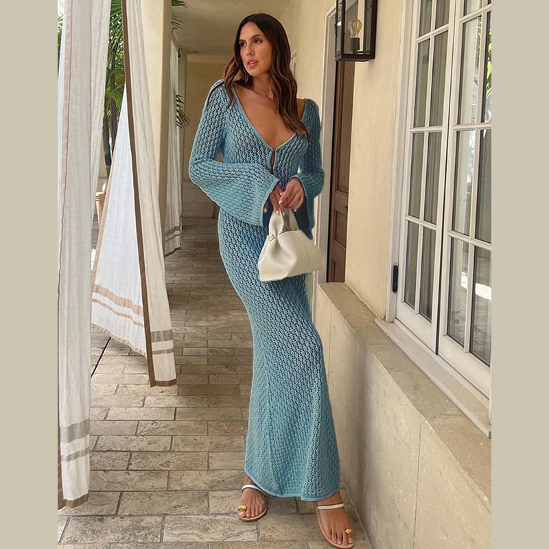 Crochet Fishtail Flare Sleeve Maxi Dress