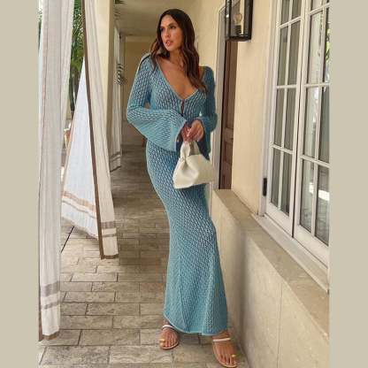 Crochet Fishtail Flare Sleeve Maxi Dress