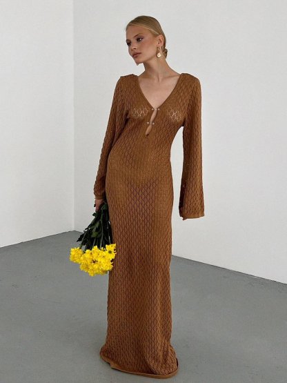 Crochet Fishtail Flare Sleeve Maxi Dress
