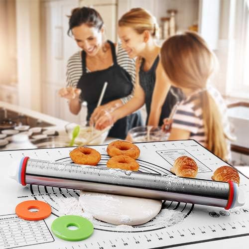 Rolling Pin and Pastry Baking Mat Set, Rolling Pins with Adjustable Thickness Rings, Stainless Steel Dough Roller for Baking Fondant, Pizza, Pie, Pastry, Pasta, Cookies 
