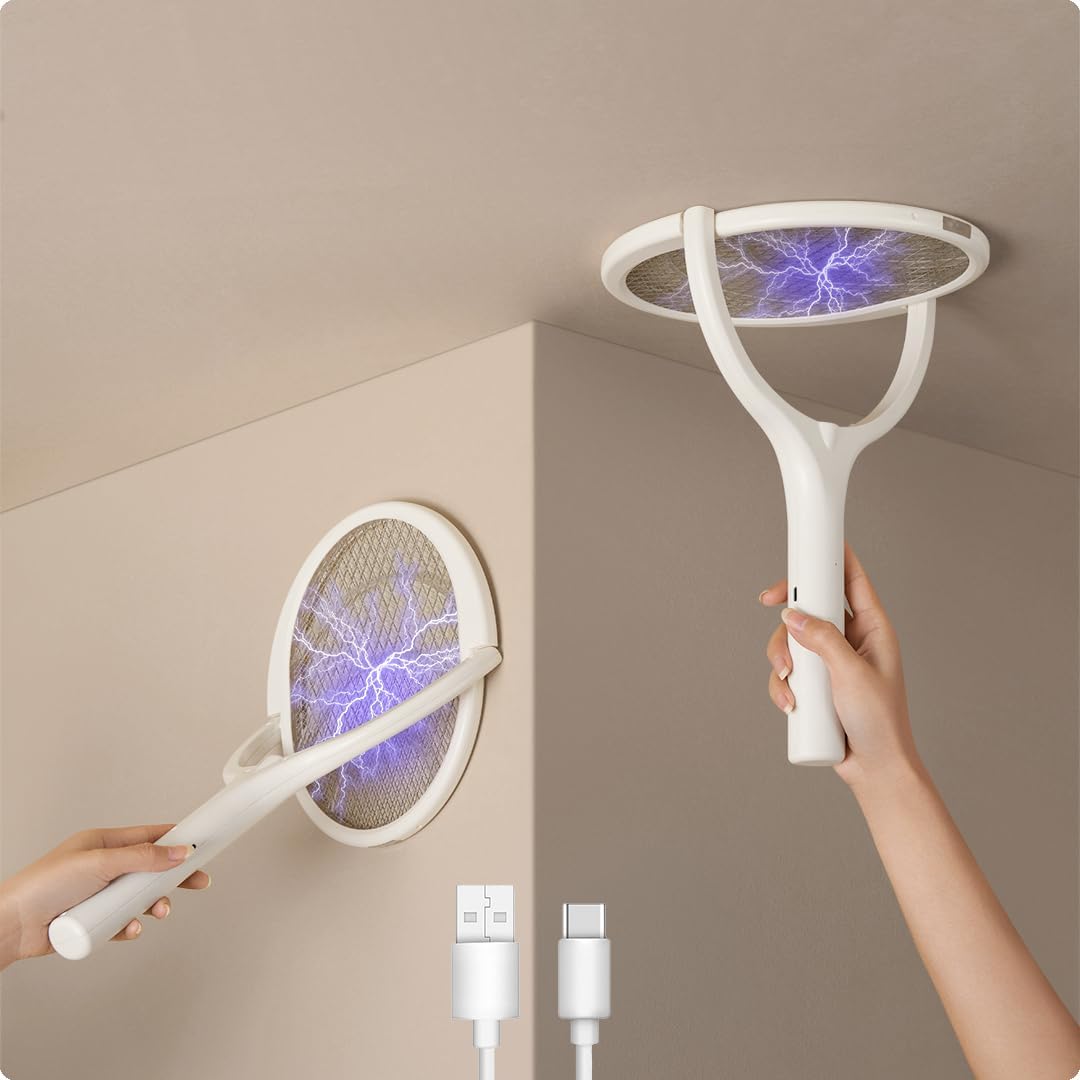 Rotating Head Electric Fly Swatter Racket Rechargeable Bug Zapper Racket Bug Zapper Indoor Fly Zapper Mosquito Zapper Flies Killer for Indoors, with a Telescopic Extension