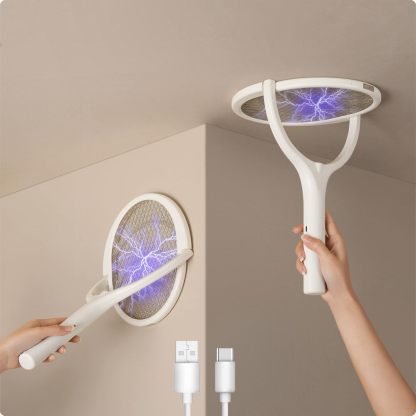 Rotating Head Electric Fly Swatter Racket Rechargeable Bug Zapper Racket Bug Zapper Indoor Fly Zapper Mosquito Zapper Flies Killer for Indoors, with a Telescopic Extension
