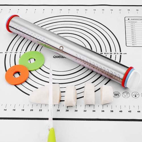 Rolling Pin and Pastry Baking Mat Set, Rolling Pins with Adjustable Thickness Rings, Stainless Steel Dough Roller for Baking Fondant, Pizza, Pie, Pastry, Pasta, Cookies 