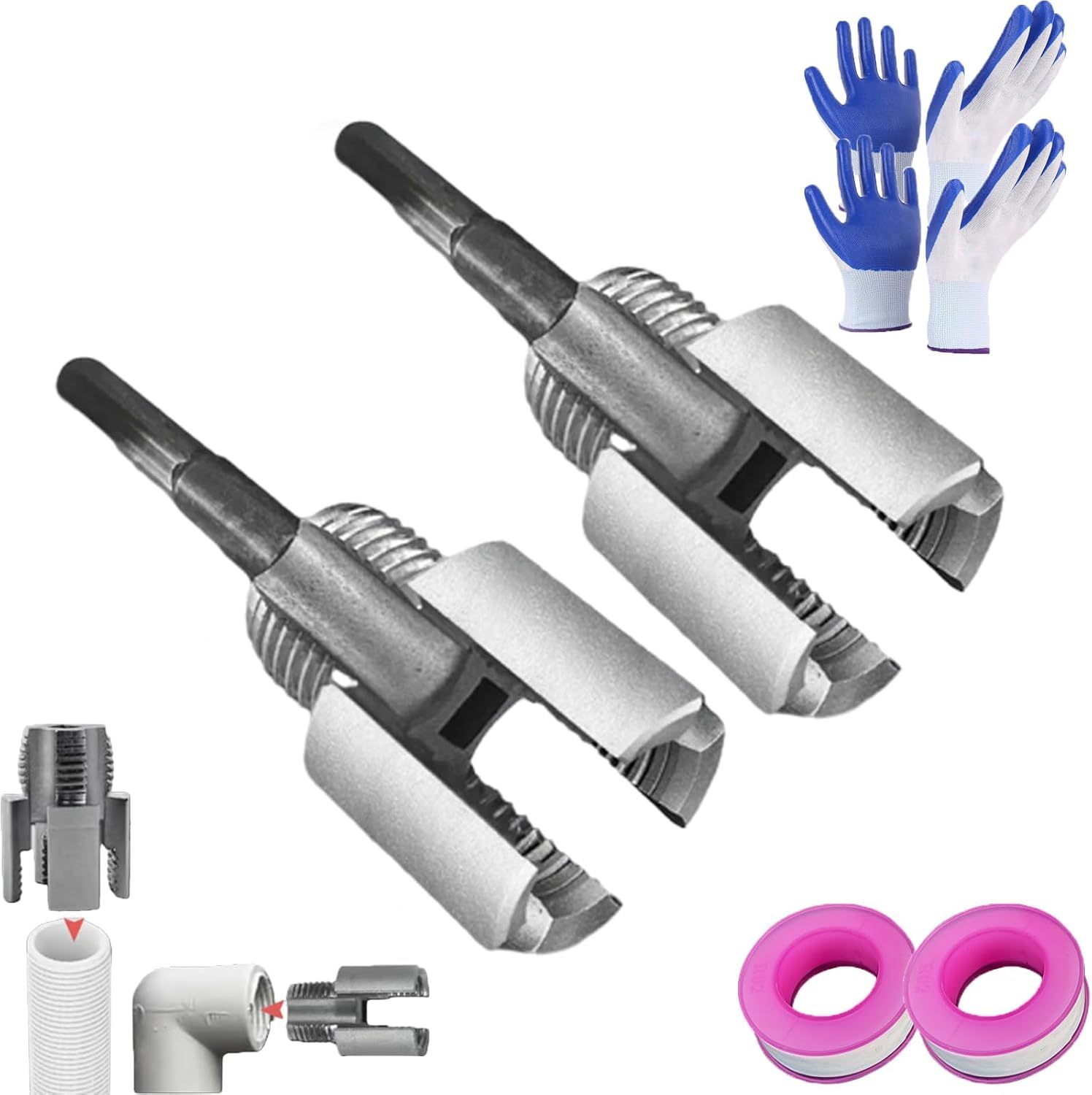 Integrated Internal & External Pipe Threading Tool, Electric Drill Compatible 2-in-1 PVC Pipe Threader Kit with Various Die Sizes (1/2 3/4 NPT) for Plumbing Repairs (1/2in+3/4in)