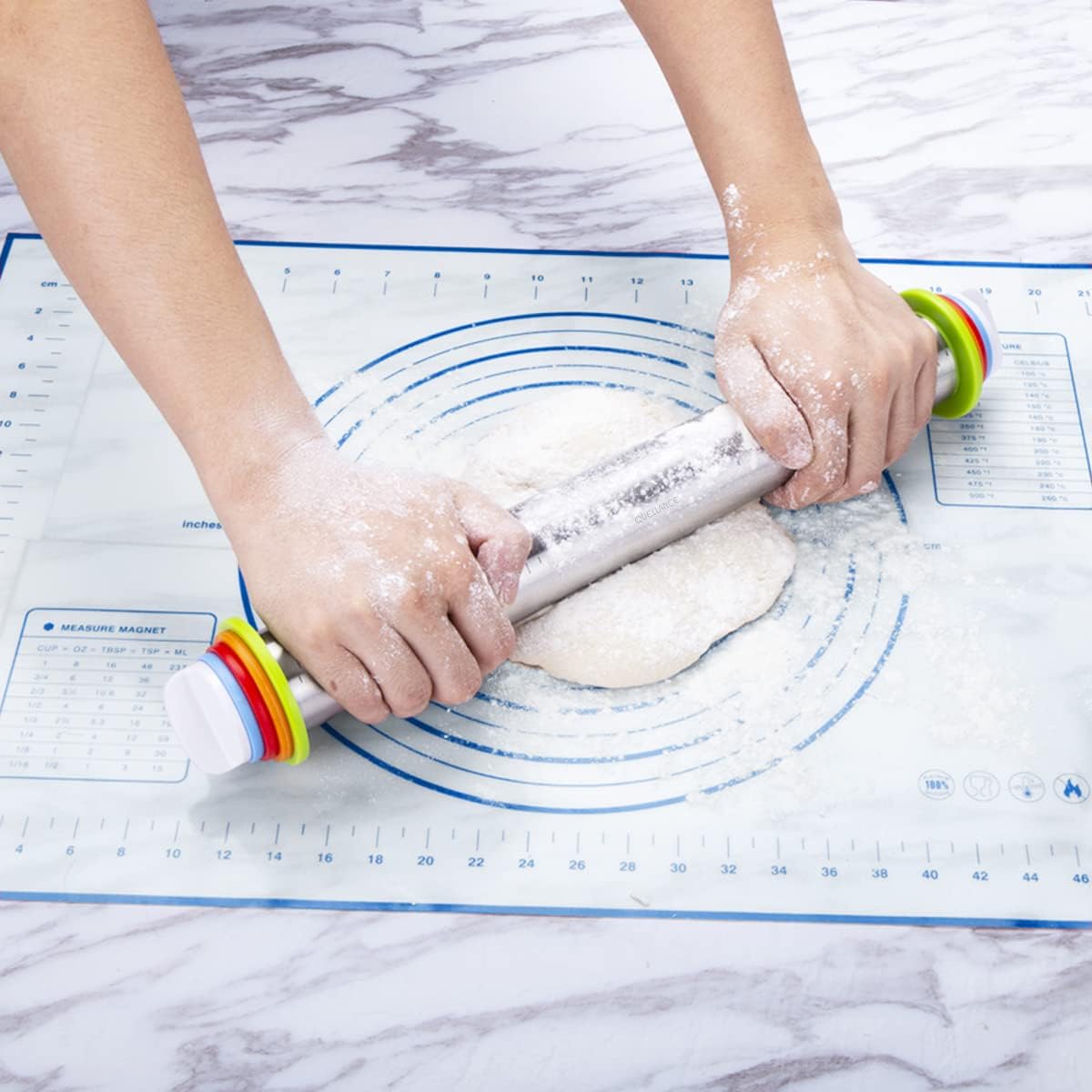 Rolling Pin and Pastry Baking Mat Set, Rolling Pins with Adjustable Thickness Rings, Stainless Steel Dough Roller for Baking Fondant, Pizza, Pie, Pastry, Pasta, Cookies 