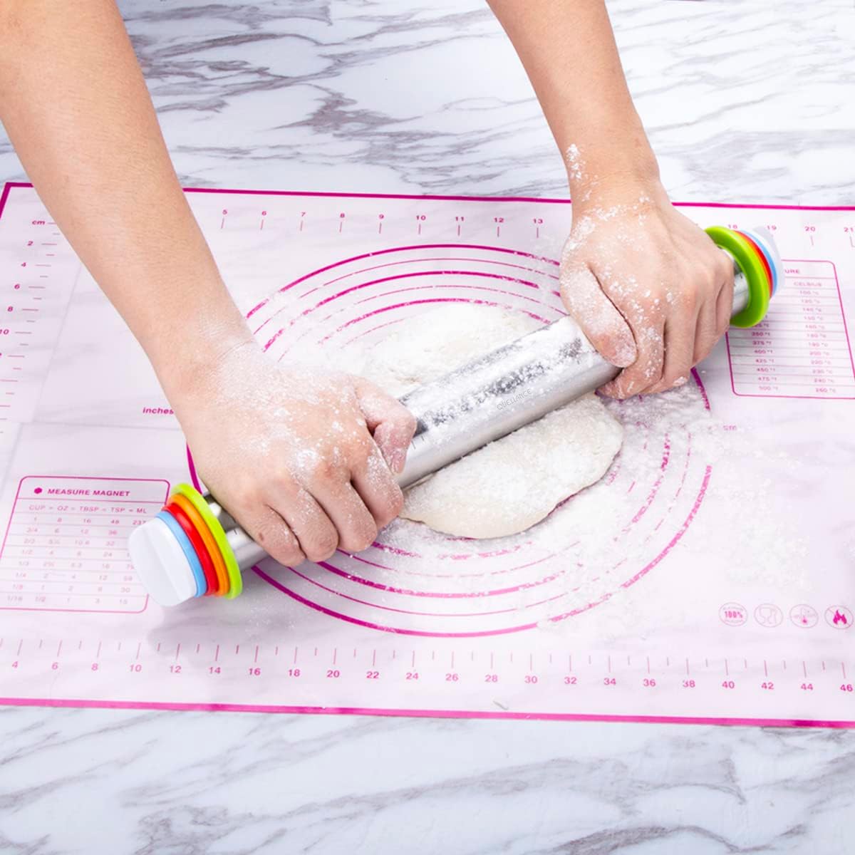 Rolling Pin and Pastry Baking Mat Set, Rolling Pins with Adjustable Thickness Rings, Stainless Steel Dough Roller for Baking Fondant, Pizza, Pie, Pastry, Pasta, Cookies 