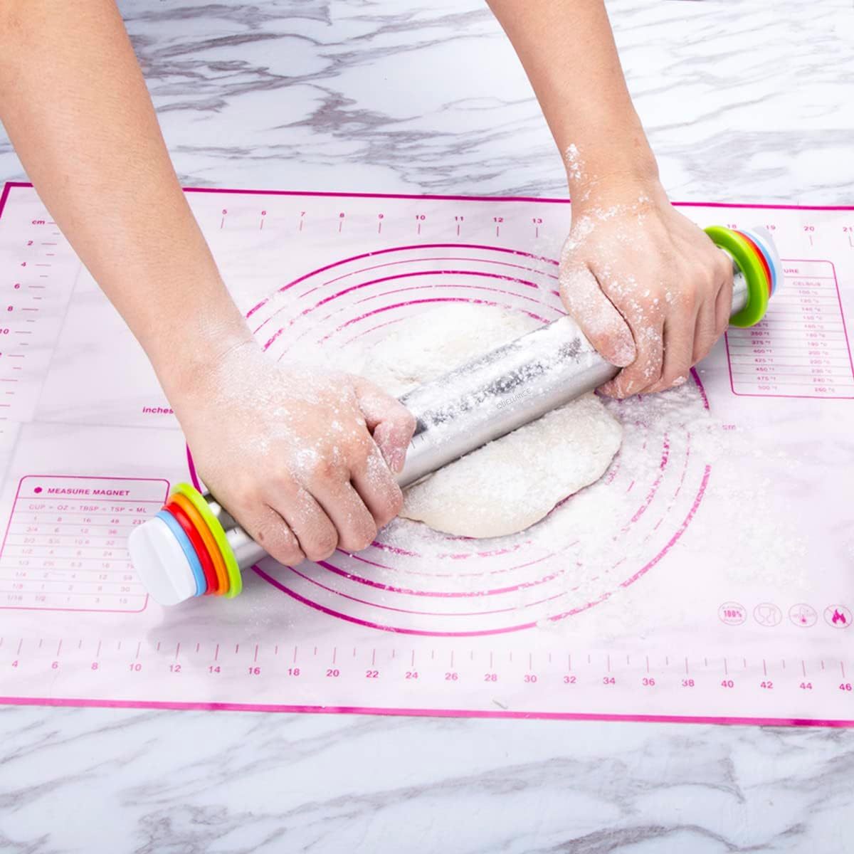 Rolling Pin and Pastry Baking Mat Set, Rolling Pins with Adjustable Thickness Rings, Stainless Steel Dough Roller for Baking Fondant, Pizza, Pie, Pastry, Pasta, Cookies 