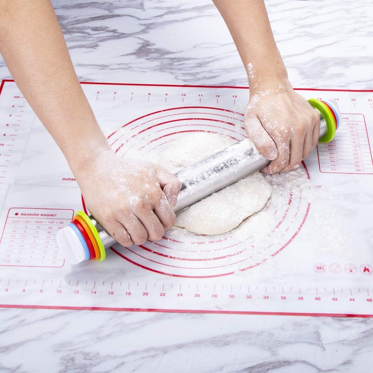 Rolling Pin and Pastry Baking Mat Set, Rolling Pins with Adjustable Thickness Rings, Stainless Steel Dough Roller for Baking Fondant, Pizza, Pie, Pastry, Pasta, Cookies 