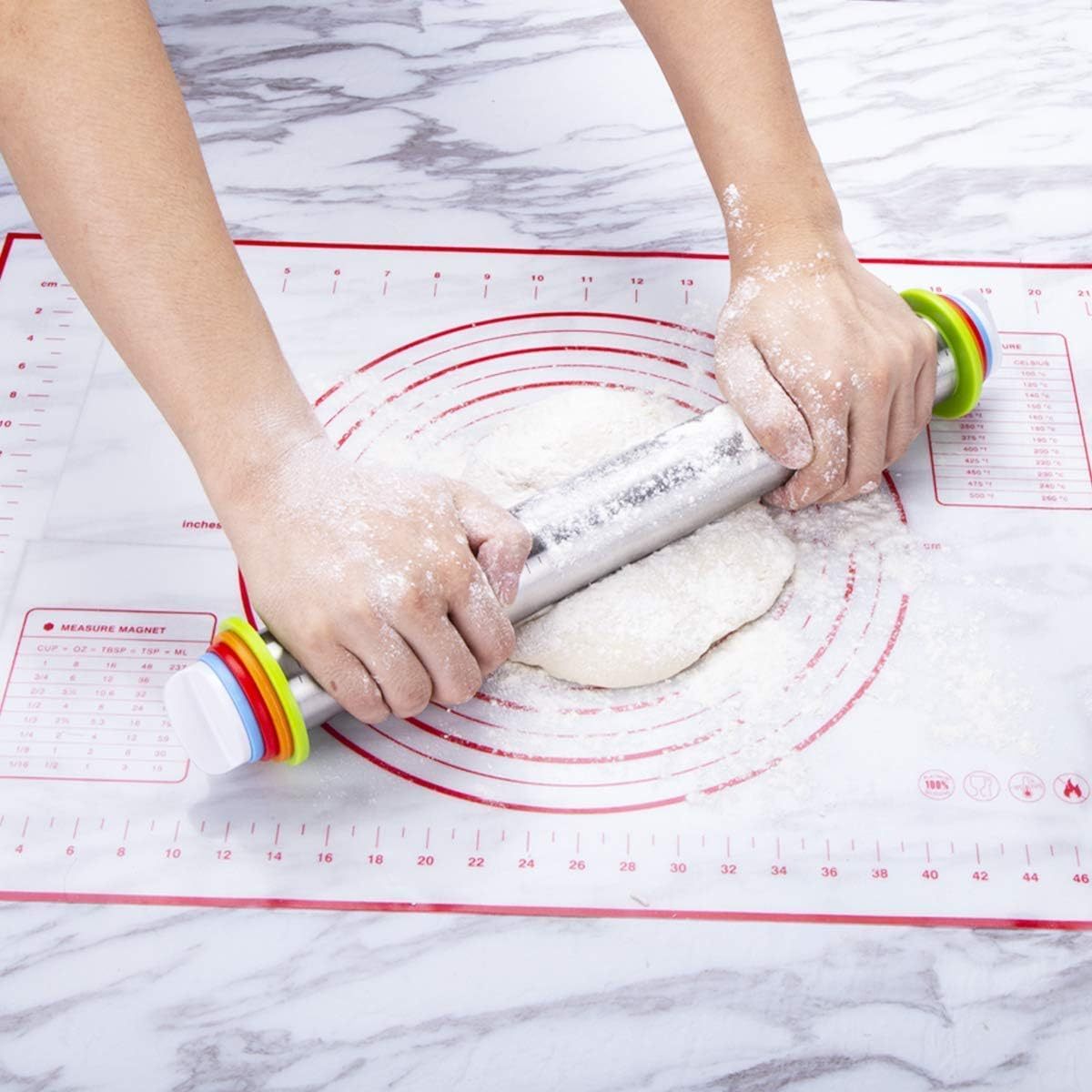 Rolling Pin and Pastry Baking Mat Set, Rolling Pins with Adjustable Thickness Rings, Stainless Steel Dough Roller for Baking Fondant, Pizza, Pie, Pastry, Pasta, Cookies 