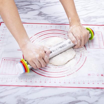 Rolling Pin and Pastry Baking Mat Set, Rolling Pins with Adjustable Thickness Rings, Stainless Steel Dough Roller for Baking Fondant, Pizza, Pie, Pastry, Pasta, Cookies 