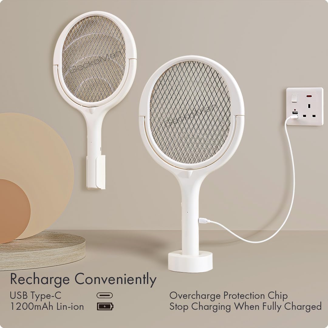 Rotating Head Electric Fly Swatter Racket Rechargeable Bug Zapper Racket Bug Zapper Indoor Fly Zapper Mosquito Zapper Flies Killer for Indoors, with a Telescopic Extension