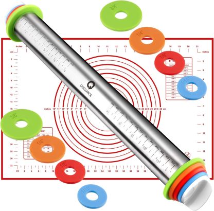 Rolling Pin and Pastry Baking Mat Set, Rolling Pins with Adjustable Thickness Rings, Stainless Steel Dough Roller for Baking Fondant, Pizza, Pie, Pastry, Pasta, Cookies 