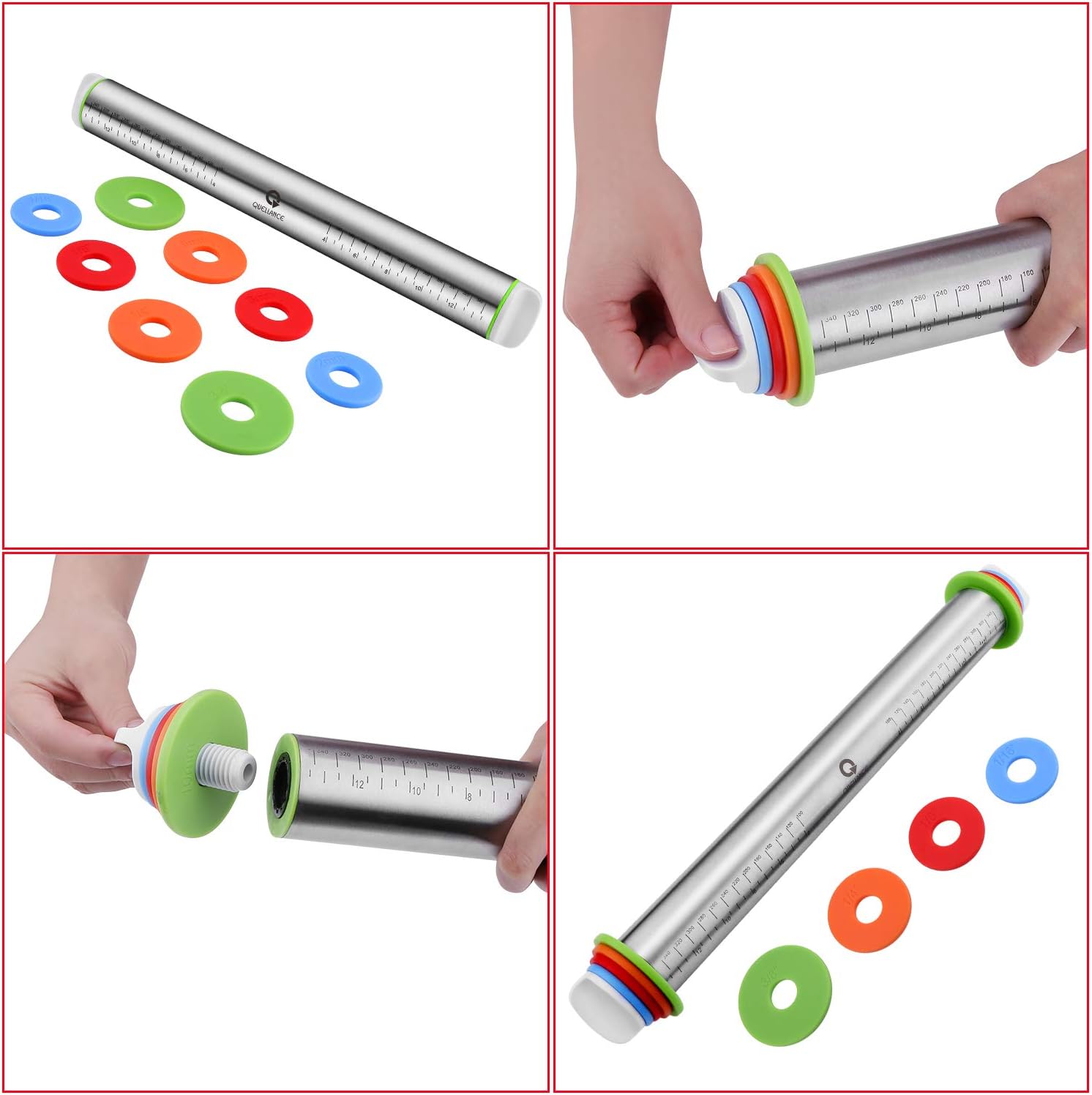 Rolling Pin and Pastry Baking Mat Set, Rolling Pins with Adjustable Thickness Rings, Stainless Steel Dough Roller for Baking Fondant, Pizza, Pie, Pastry, Pasta, Cookies 