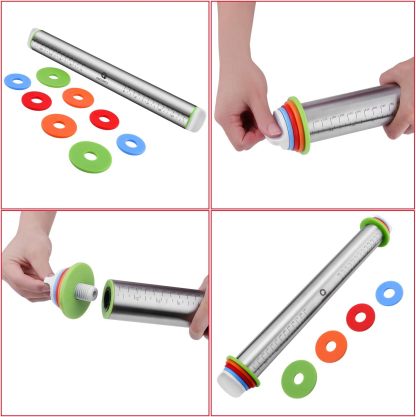 Rolling Pin and Pastry Baking Mat Set, Rolling Pins with Adjustable Thickness Rings, Stainless Steel Dough Roller for Baking Fondant, Pizza, Pie, Pastry, Pasta, Cookies 