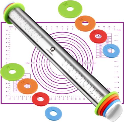 Rolling Pin and Pastry Baking Mat Set, Rolling Pins with Adjustable Thickness Rings, Stainless Steel Dough Roller for Baking Fondant, Pizza, Pie, Pastry, Pasta, Cookies 