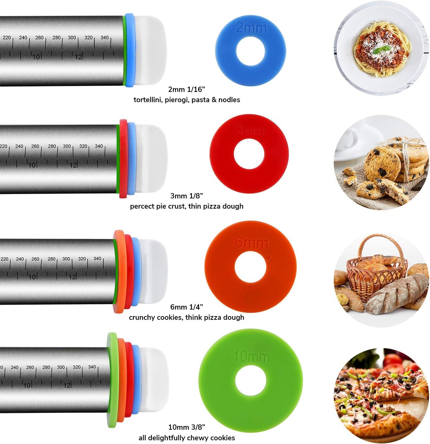 Rolling Pin and Pastry Baking Mat Set, Rolling Pins with Adjustable Thickness Rings, Stainless Steel Dough Roller for Baking Fondant, Pizza, Pie, Pastry, Pasta, Cookies 