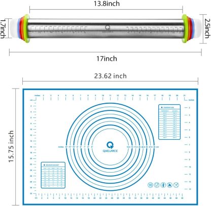 Rolling Pin and Pastry Baking Mat Set, Rolling Pins with Adjustable Thickness Rings, Stainless Steel Dough Roller for Baking Fondant, Pizza, Pie, Pastry, Pasta, Cookies 
