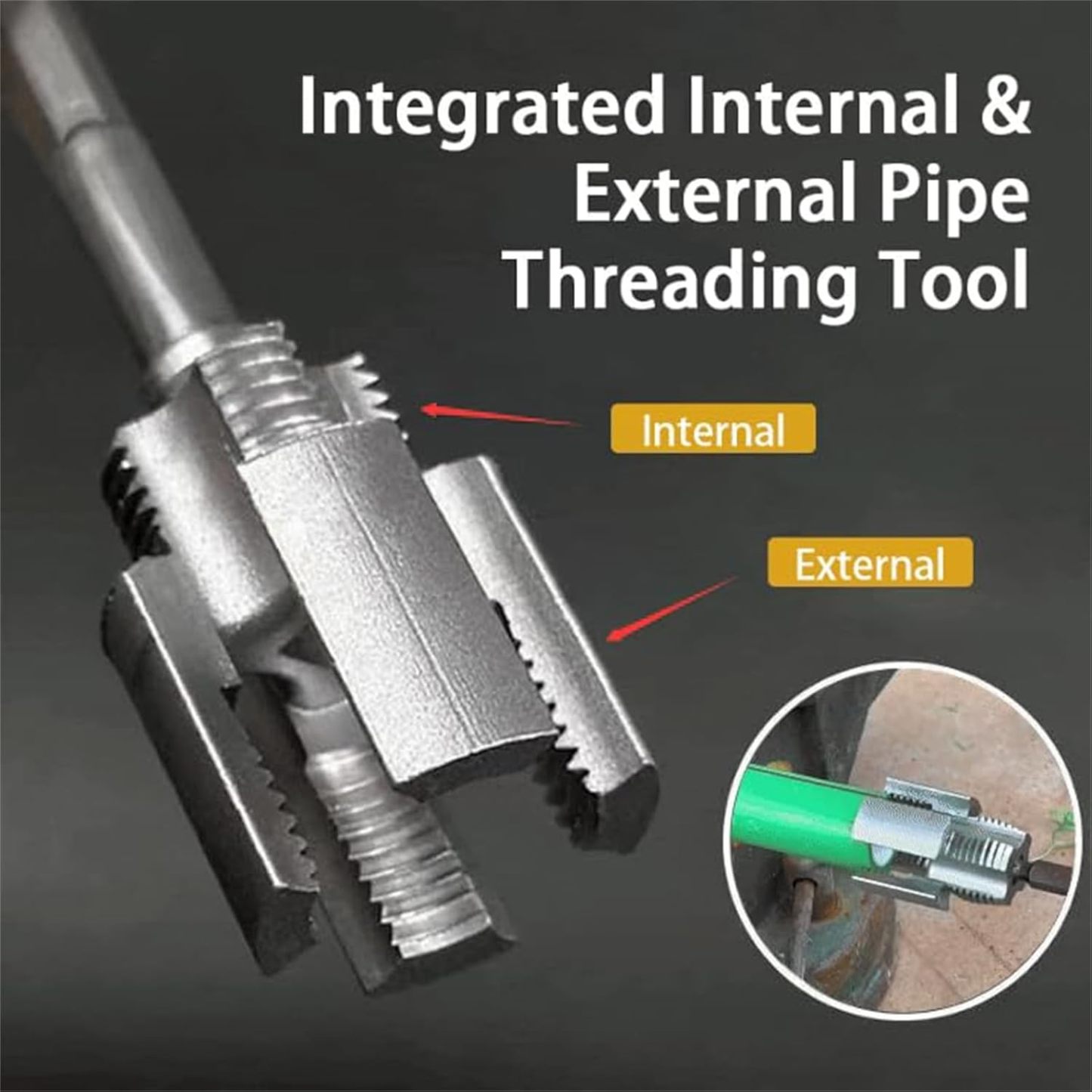 Integrated Internal & External Pipe Threading Tool, Electric Drill Compatible 2-in-1 PVC Pipe Threader Kit with Various Die Sizes (1/2 3/4 NPT) for Plumbing Repairs (1/2in+3/4in)