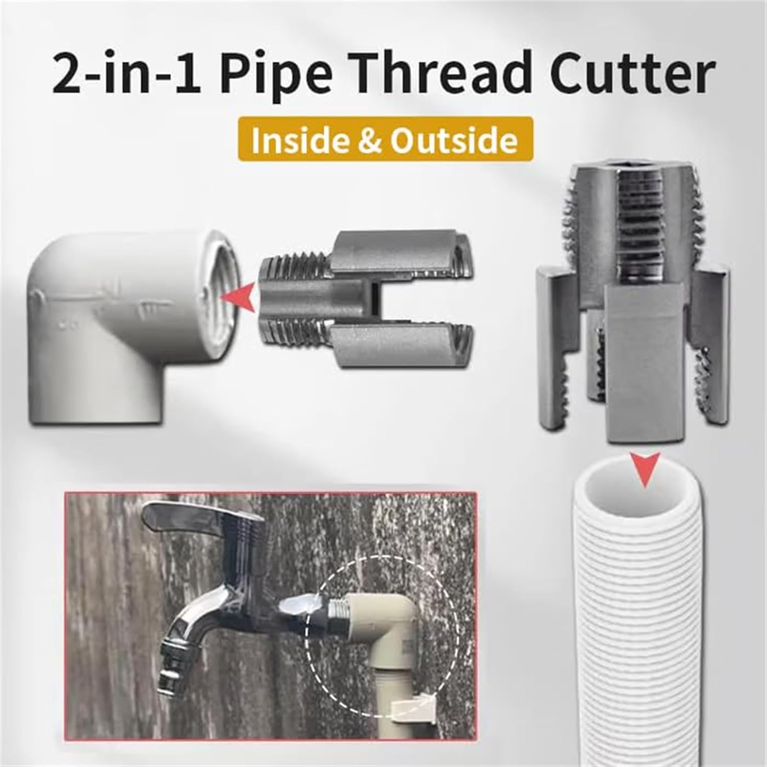 Integrated Internal & External Pipe Threading Tool, Electric Drill Compatible 2-in-1 PVC Pipe Threader Kit with Various Die Sizes (1/2 3/4 NPT) for Plumbing Repairs (1/2in+3/4in)