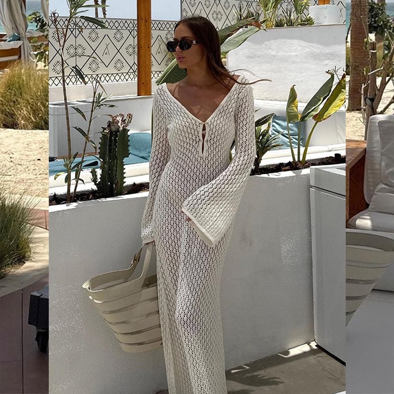 Crochet Fishtail Flare Sleeve Maxi Dress