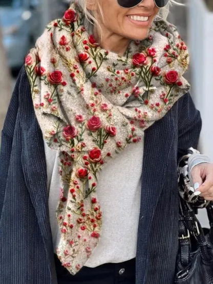 Women's Vintage Paisley Floral Print Casual Knitted Blanket Poncho Hood Cape